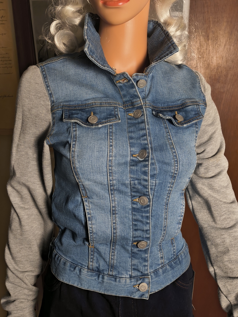 Love Tree Denim Jacket Womens S Gray Sweatshirt Sleeves Button Front Jean Jacket